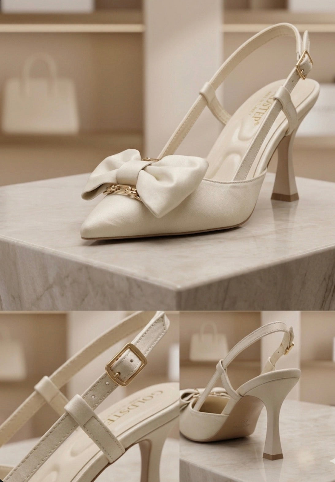 Krem Saten Altın Zincir Fiyonklu Slingback Topuklu