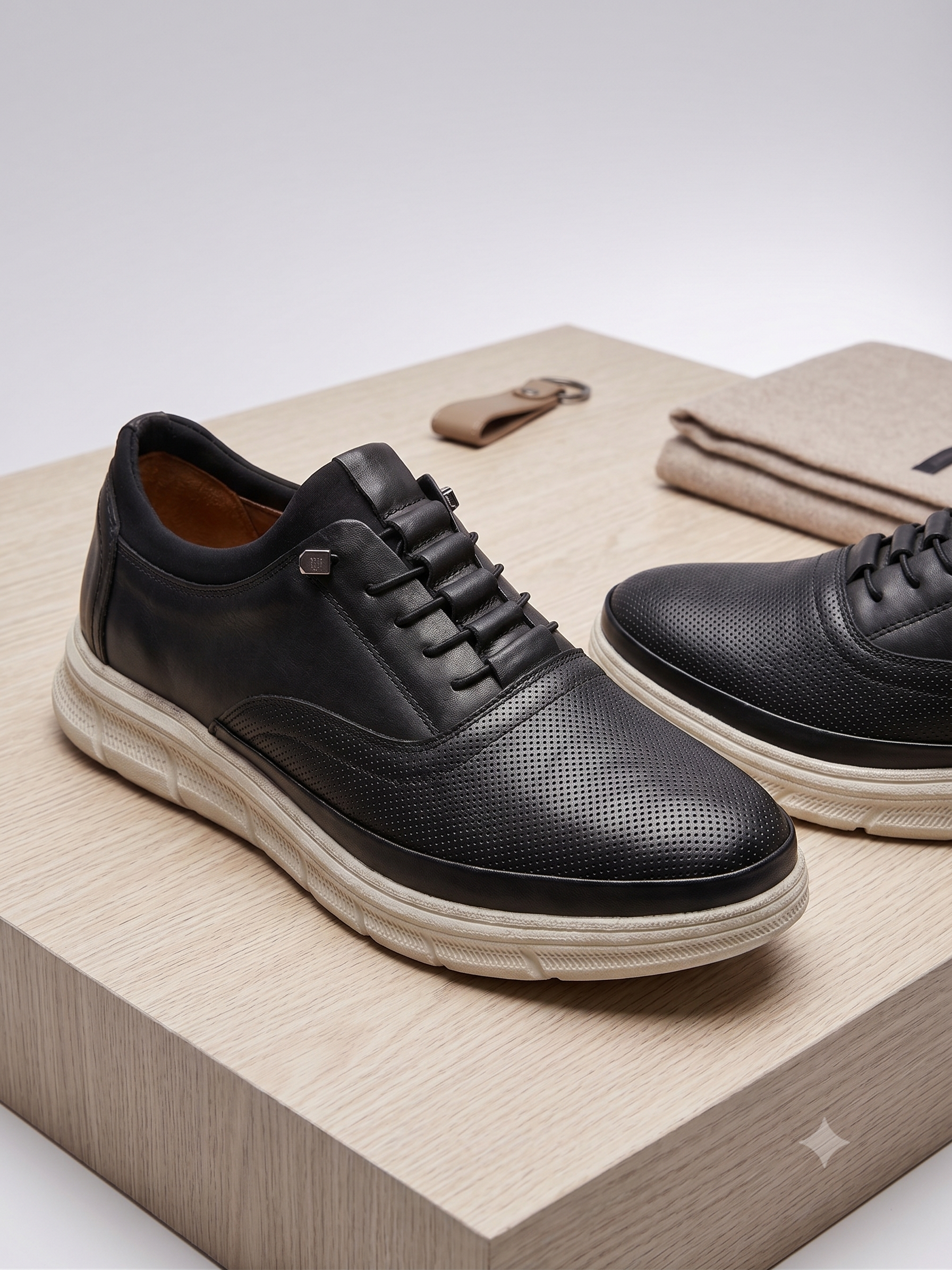 Erkek Siyah Hakiki Deri Sneaker | Delikli Doku Beyaz Comfort Taban Gümüş Detay