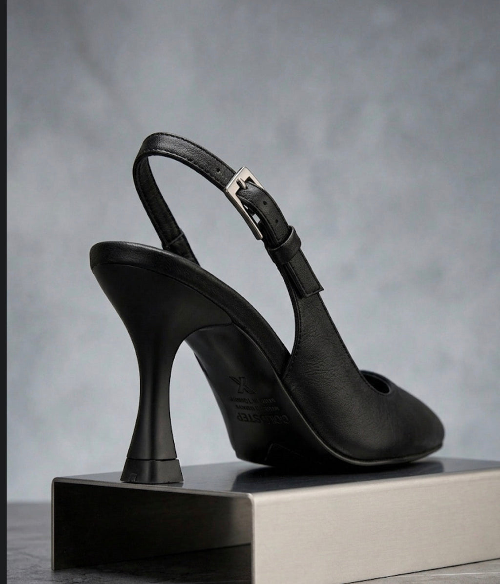 Siyah Heykel Topuklu İnce Stiletto Slingback