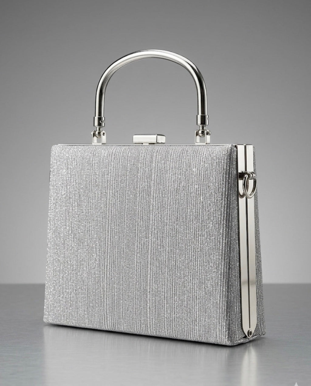 Gümüş Metal Saplı Abiye Çanta – Işıltılı Box Bag
