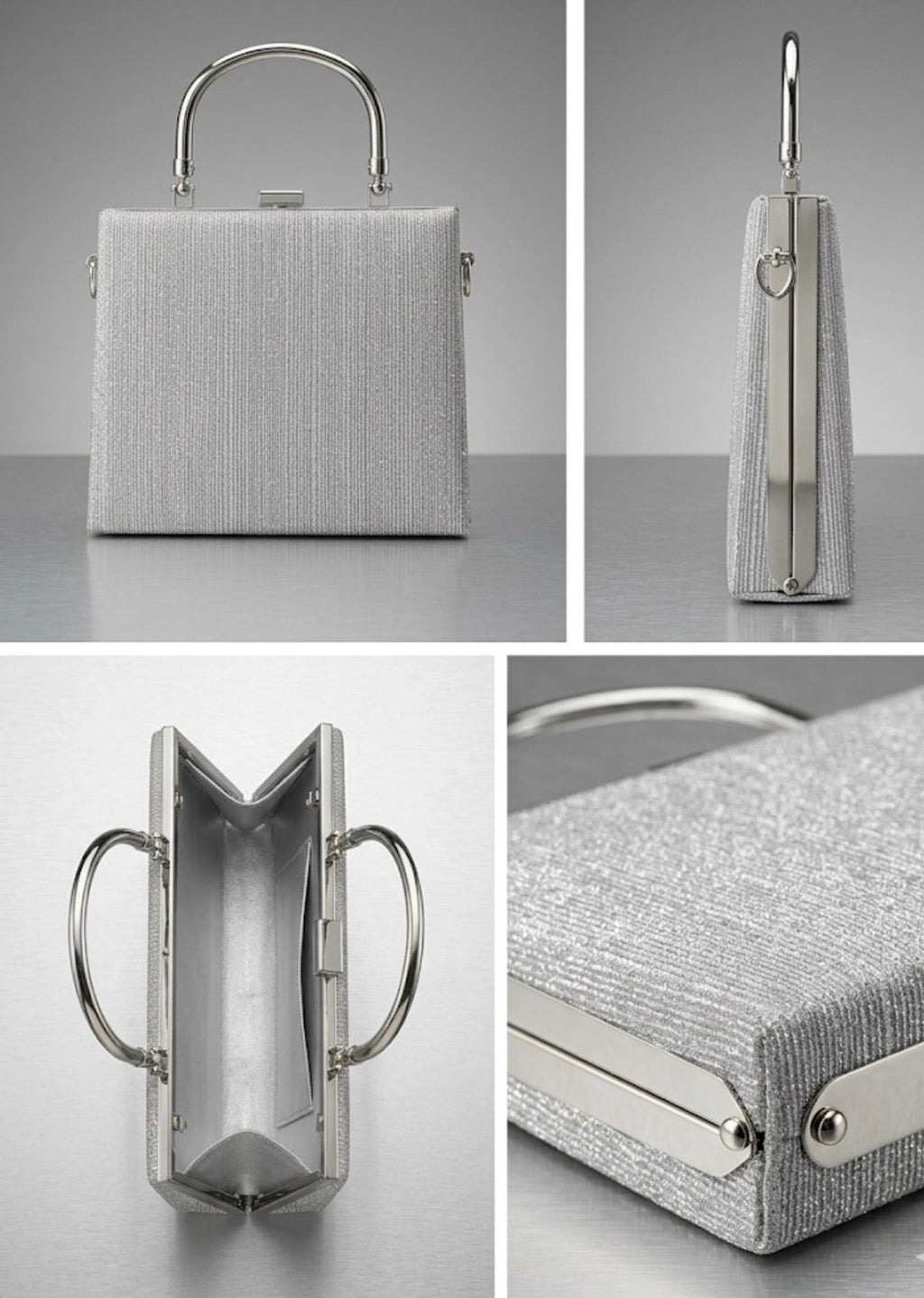 Gümüş Metal Saplı Abiye Çanta – Işıltılı Box Bag