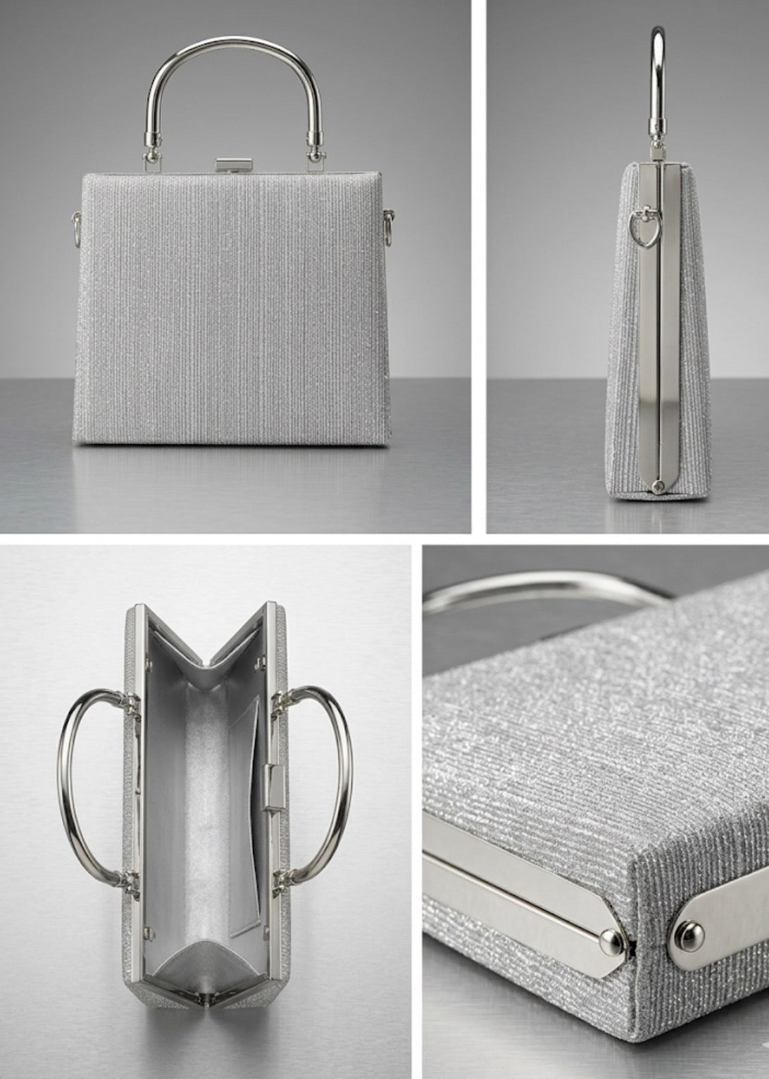 Gümüş Metal Saplı Abiye Çanta – Işıltılı Box Bag