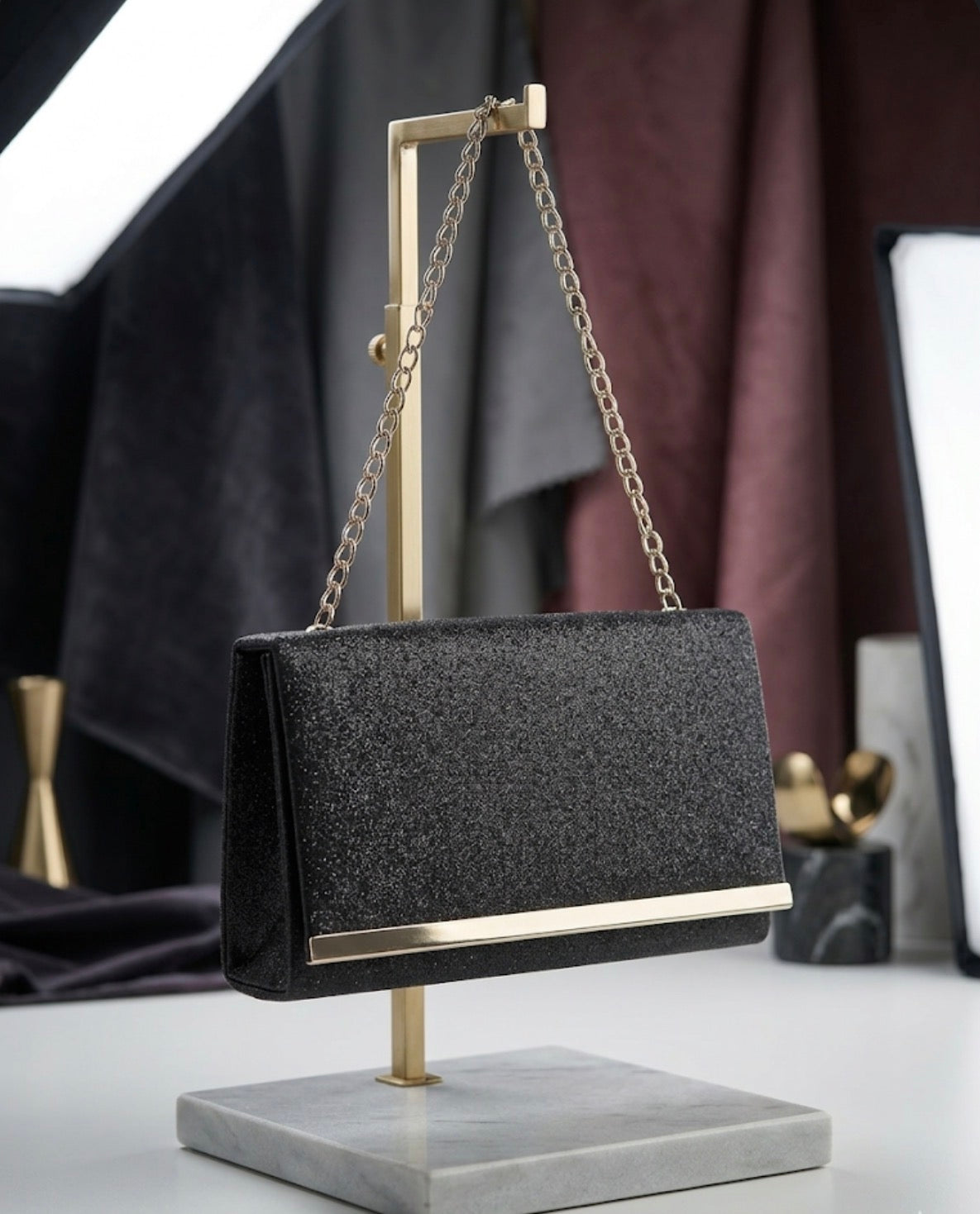 Siyah Simli Abiye Zincir Askılı Clutch Çanta