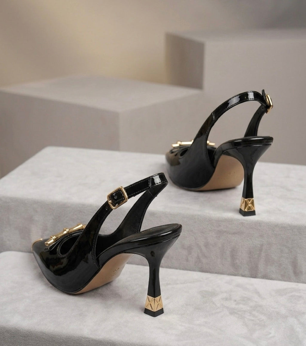 Altın X Detaylı Siyah Rugan Slingback Stiletto – Power Noir