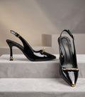 Altın X Detaylı Siyah Rugan Slingback Stiletto – Power Noir