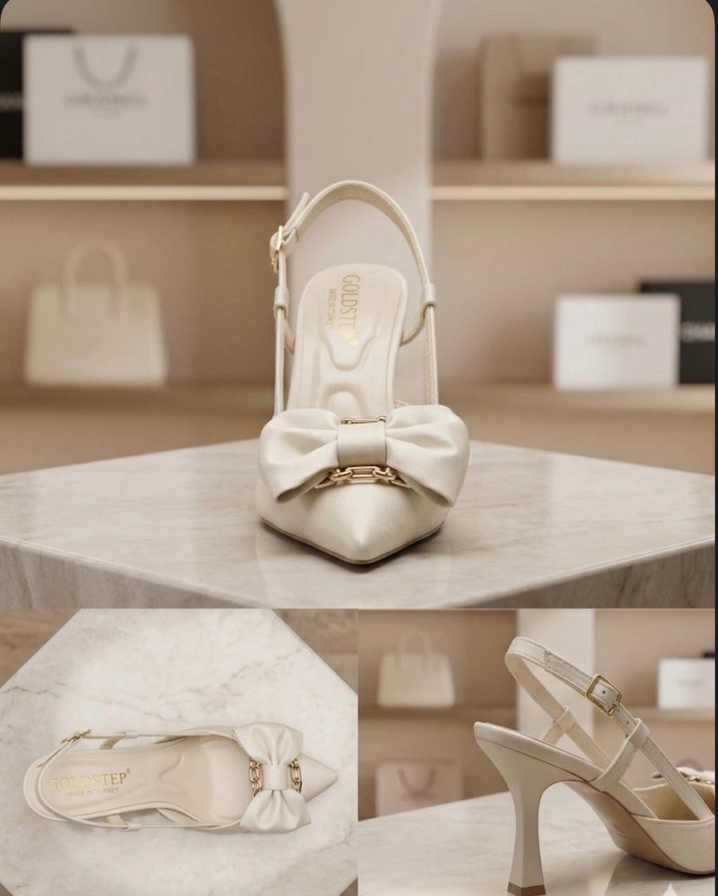 Krem Saten Altın Zincir Fiyonklu Slingback Topuklu