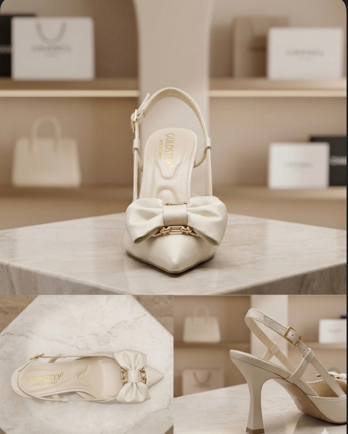 Krem Saten Altın Zincir Fiyonklu Slingback Topuklu