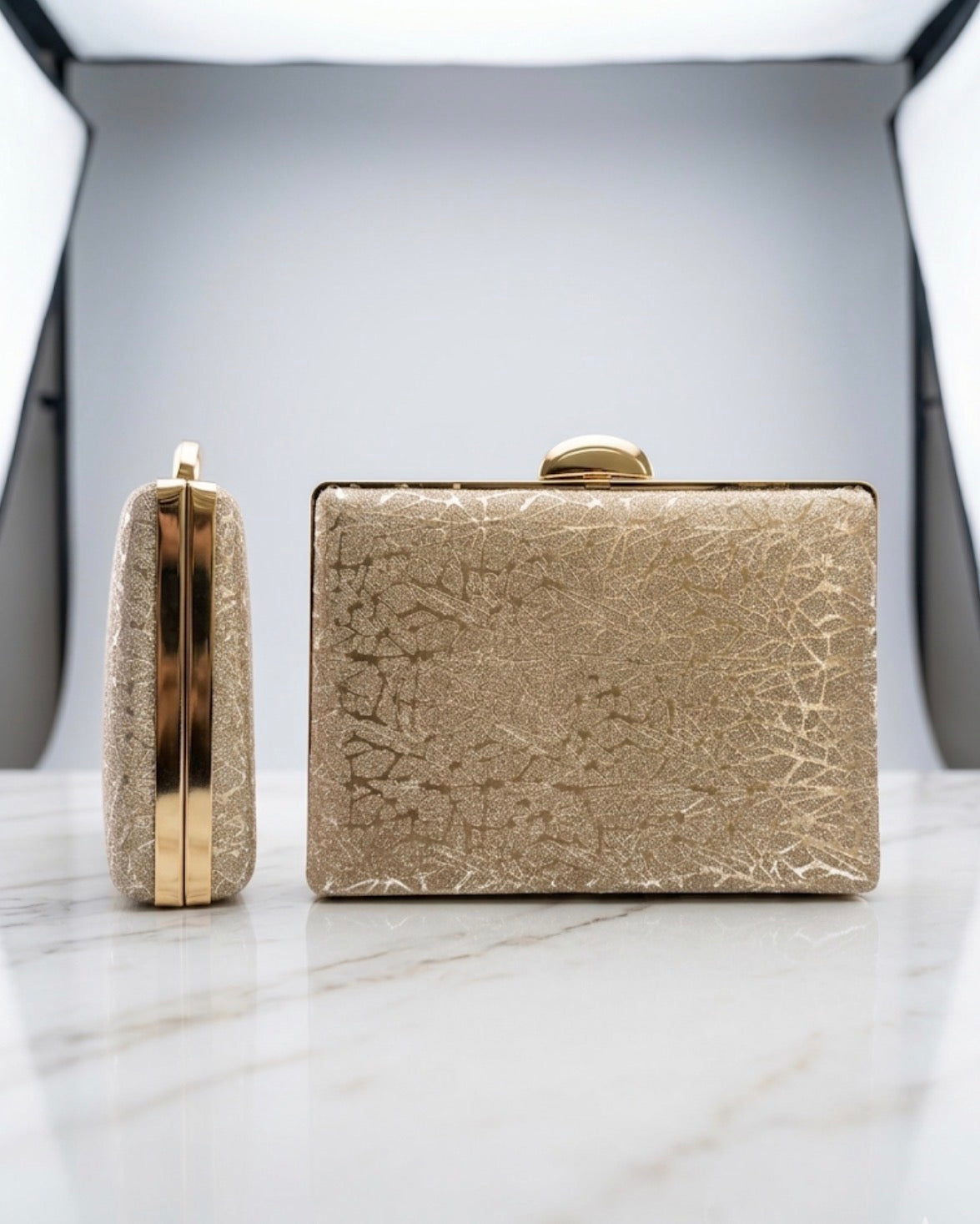 Altın Crinkle Doku Box Clutch Abiye Çanta