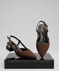 Kahverengi Süet Altın G Logo Detaylı Alçak Topuklu Slingback
