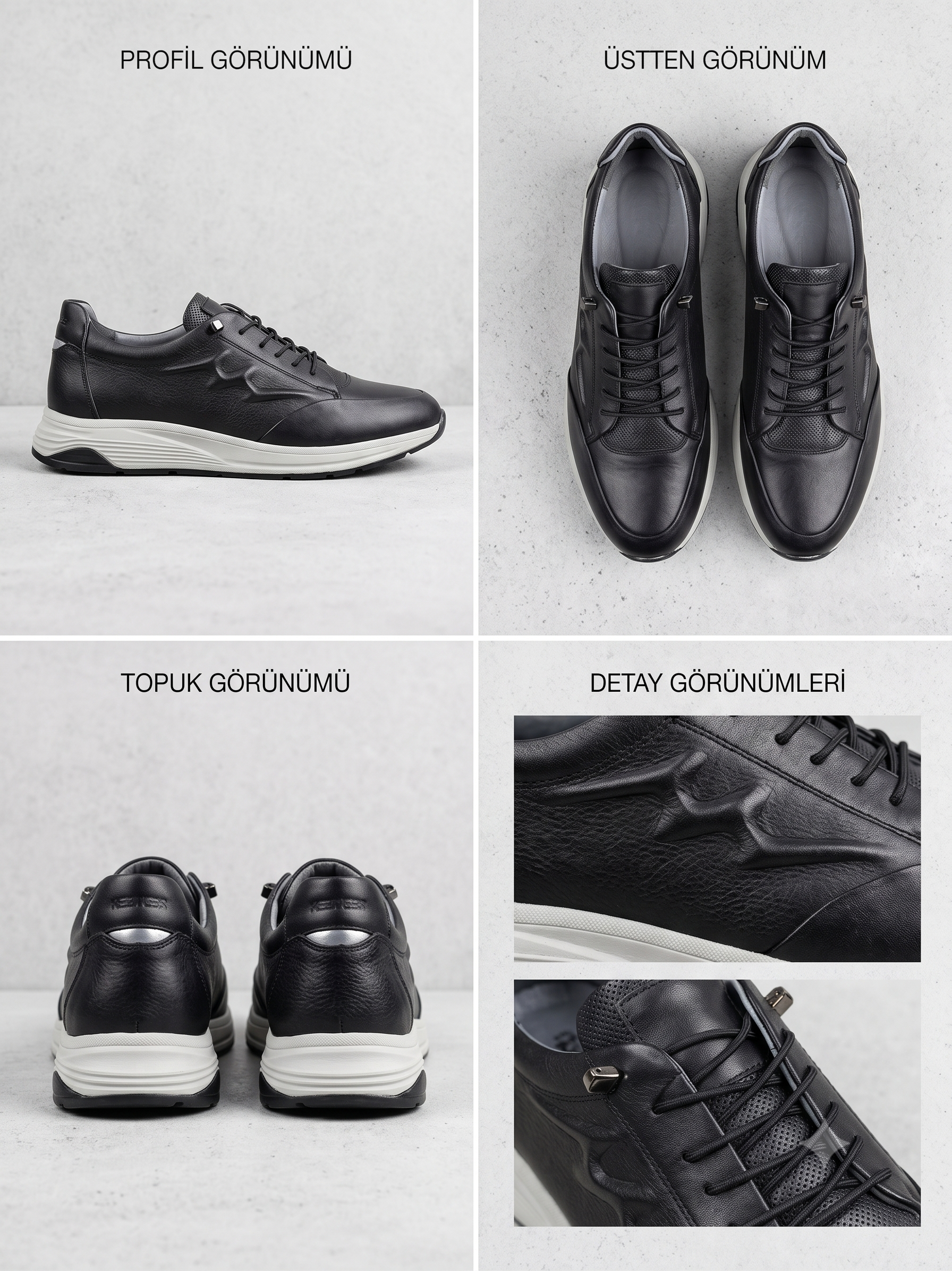 Erkek Siyah Hakiki Deri Sneaker | Delikli Doku Beyaz Taban Comfort Sole