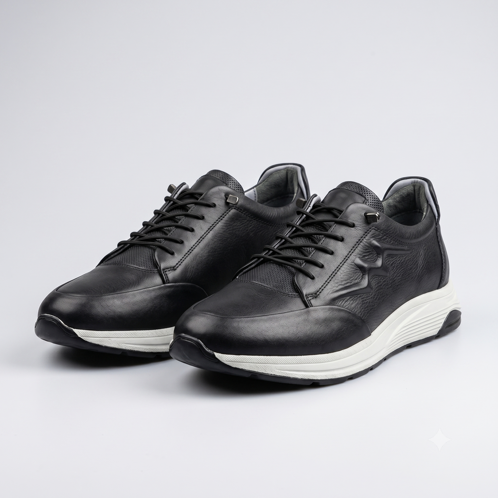 Erkek Siyah Hakiki Deri Sneaker | Delikli Doku Beyaz Taban Comfort Sole