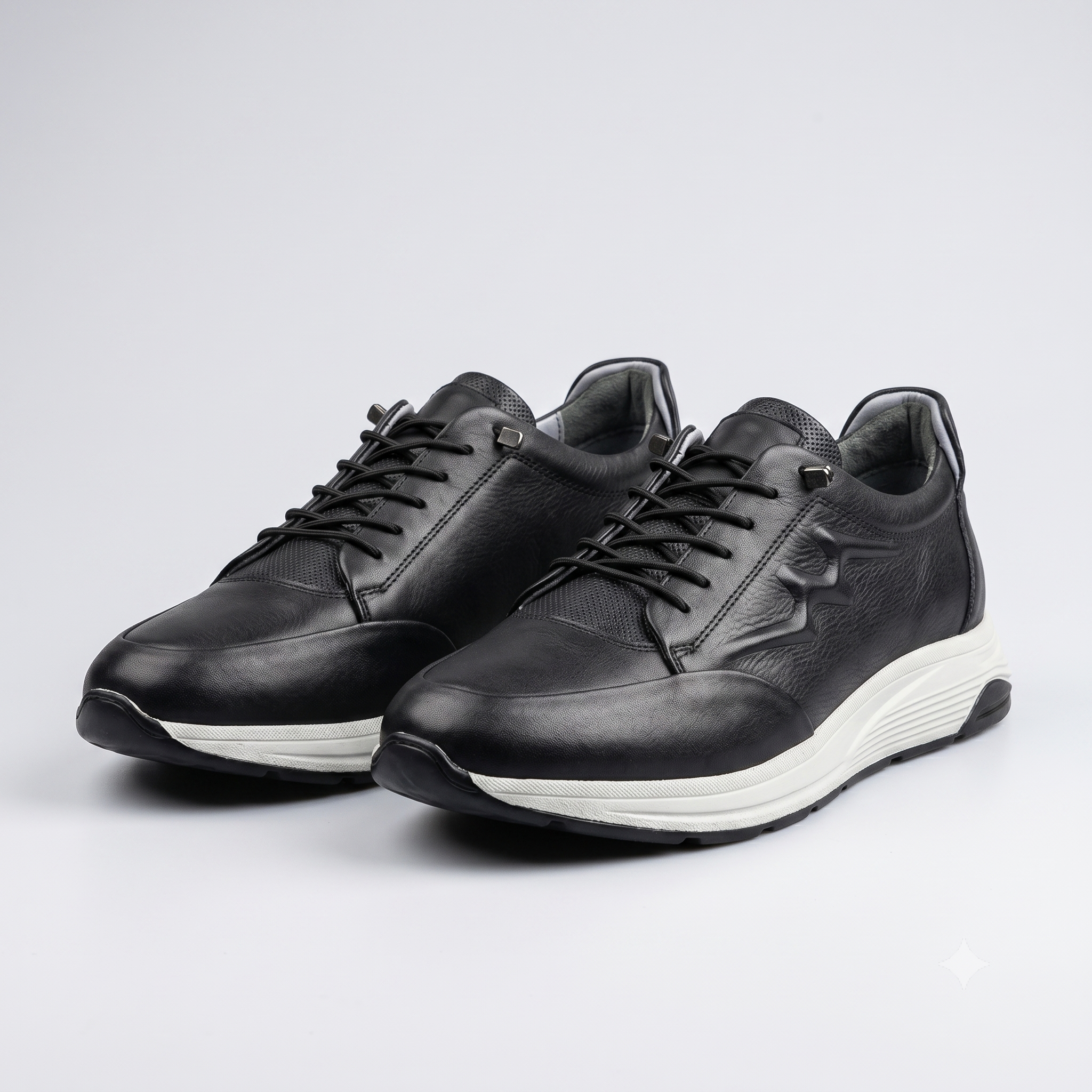 Erkek Siyah Hakiki Deri Sneaker | Delikli Doku Beyaz Taban Comfort Sole