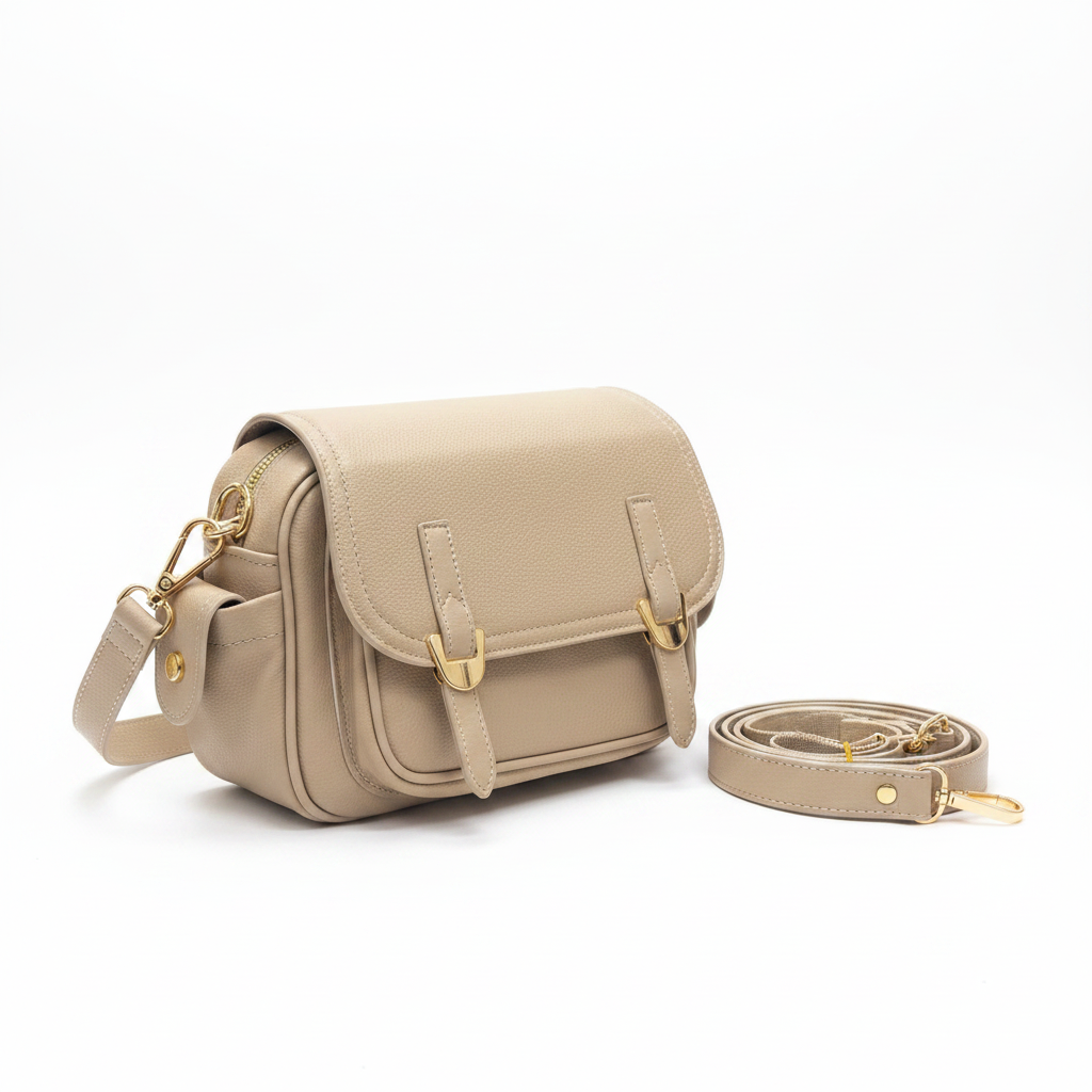 Bej Crossbody Çanta – Altın Tokalı Çift Askılı Tasarım