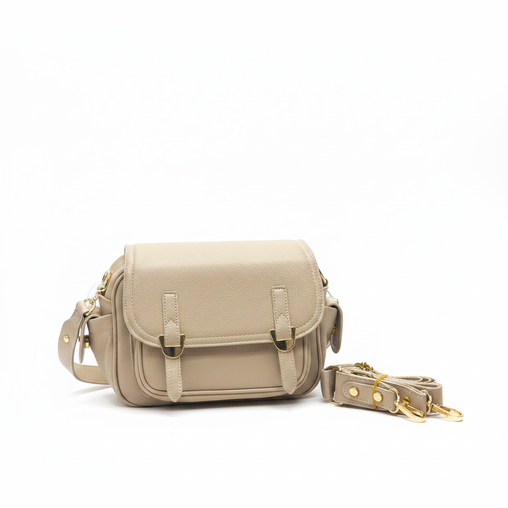 Bej Crossbody Çanta – Altın Tokalı Çift Askılı Tasarım