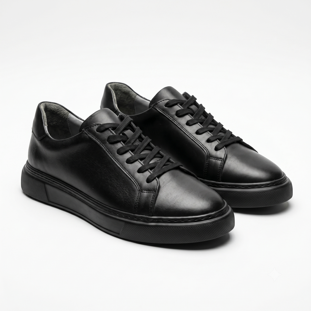 Erkek Tam Siyah Hakiki Deri Sneaker | All-Black Taban Şık Günlük