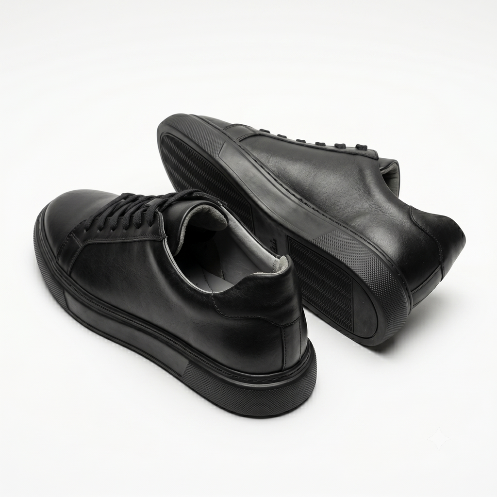 Erkek Tam Siyah Hakiki Deri Sneaker | All-Black Taban Şık Günlük