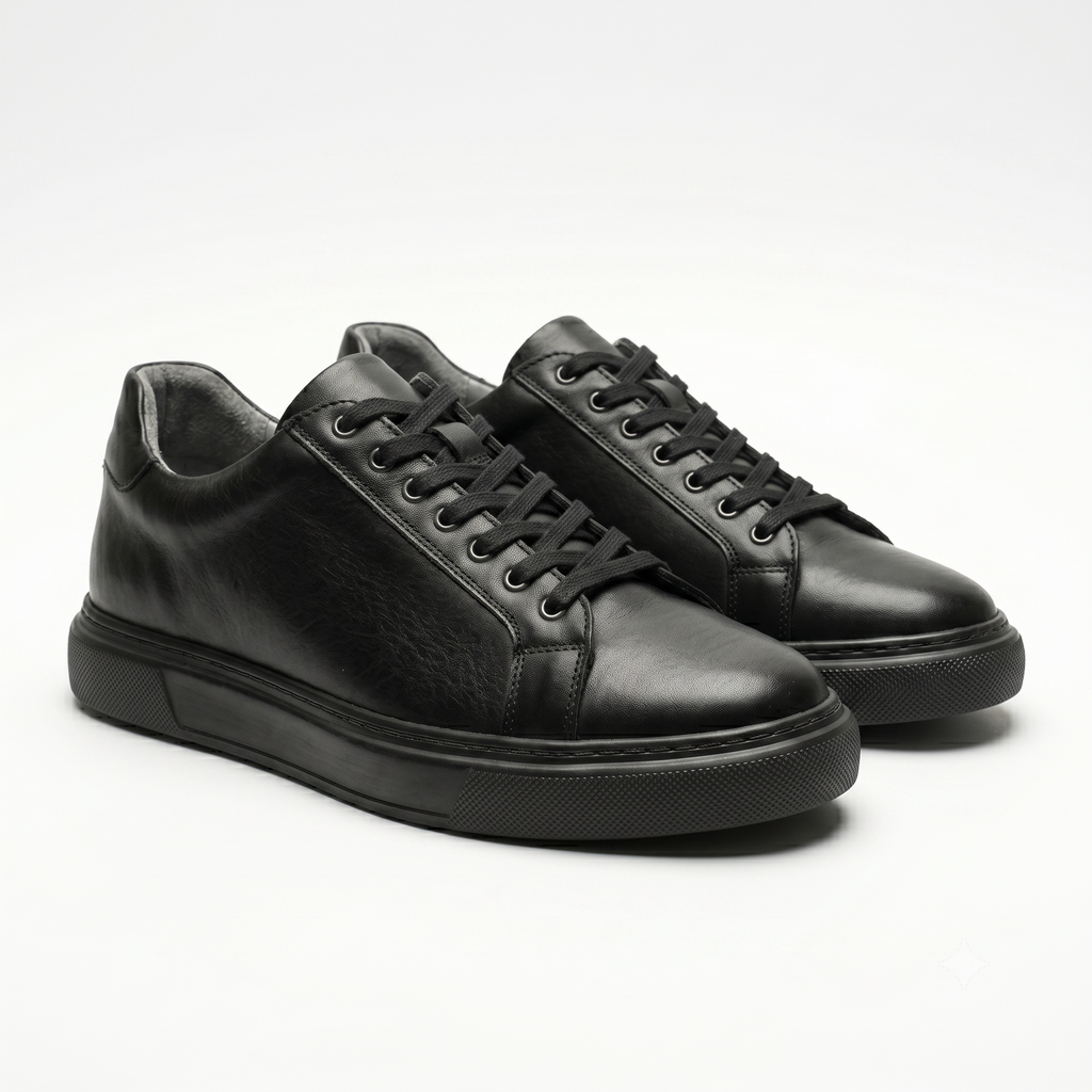 Erkek Tam Siyah Hakiki Deri Sneaker | All-Black Taban Şık Günlük
