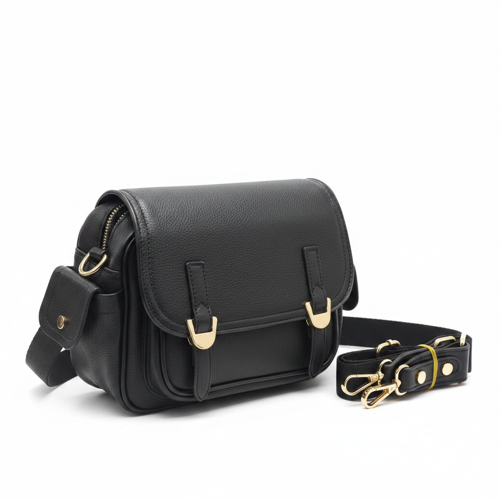 Siyah Crossbody Çanta – Altın Tokalı Mini Cüzdan Detaylı Tasarım