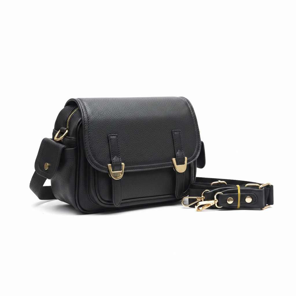 Siyah Crossbody Çanta – Altın Tokalı Mini Cüzdan Detaylı Tasarım